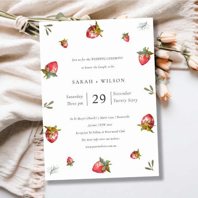 Cute Red Strawberry Leafy Botanical Wedding bjudan Tack Kort (Skapare uppladdad)