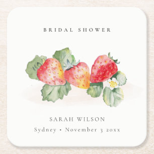 Cute Red Strawberry Leafy Foliage Möhippa Underlägg Papper Kvadrat