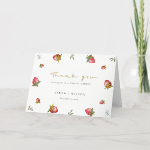 Cute Red Strawberry Leafy Grönt Botanical Bröllop Tack Kort