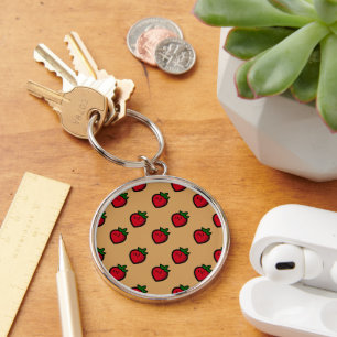Cute Red Strawberry Mönster för Vegans Rund Silverfärgad Nyckelring