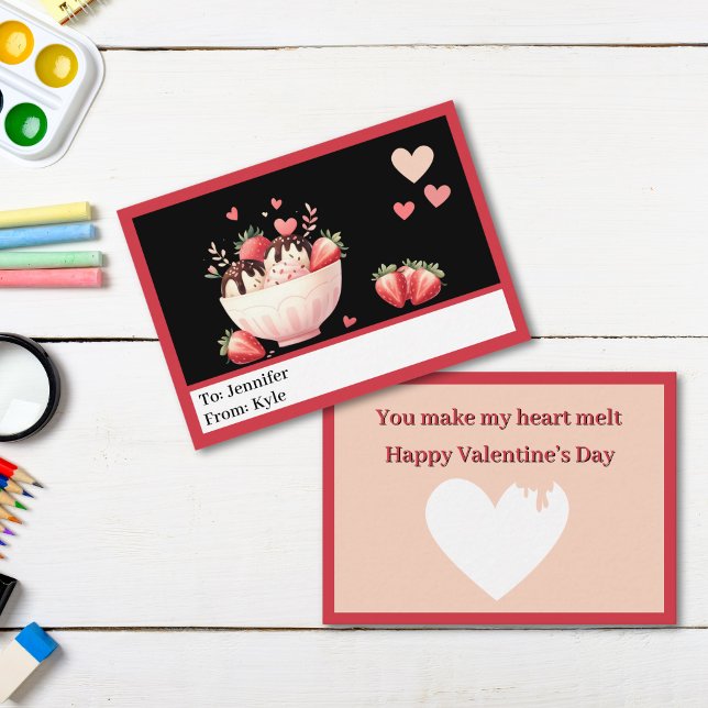 Cute Red Strawberry Sundae Classroom Valentine Anteckningskort (Strawberry Sundae Valentine Card)