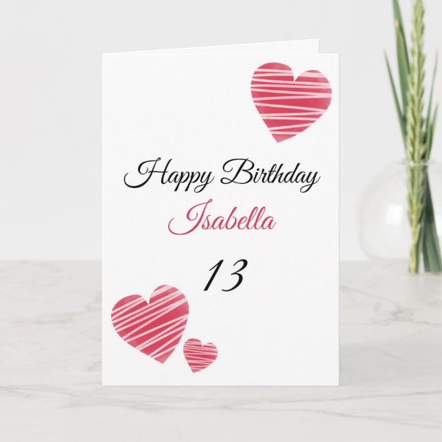 Cute Red Stripe Watercolor Hearts 13th Birthday Kort (Framsida)
