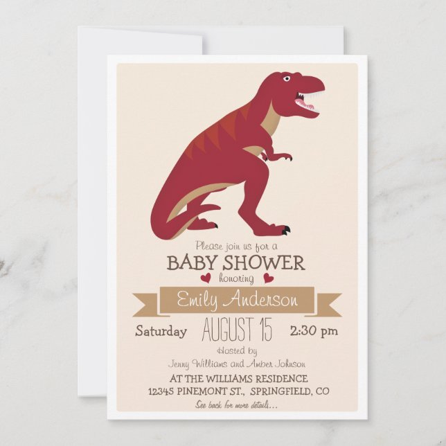 Cute Red T-Rex Dinosaur Baby Shower eller Sprinkle Inbjudningar (Framsida)