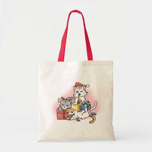 Cute Red Tecknad Jul Kittens unwrap Gifts Tygkasse (Framsidan)