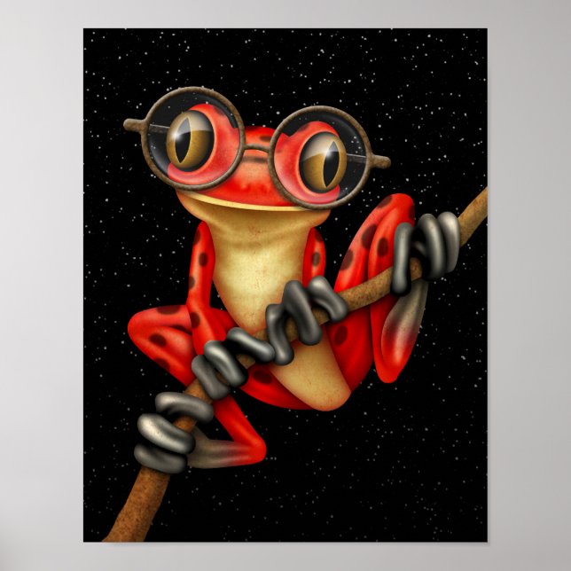 Cute Red Träd Frog med Öga-glas med stjärnor Poster (Framsidan)