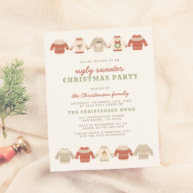 Cute Red Ugly Sweater jul Party Inbjudan Vykort (Skapare uppladdad)