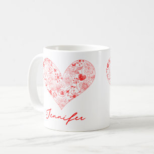 Cute Red Valentine Day Blommigt Heart Custom Name Kaffemugg
