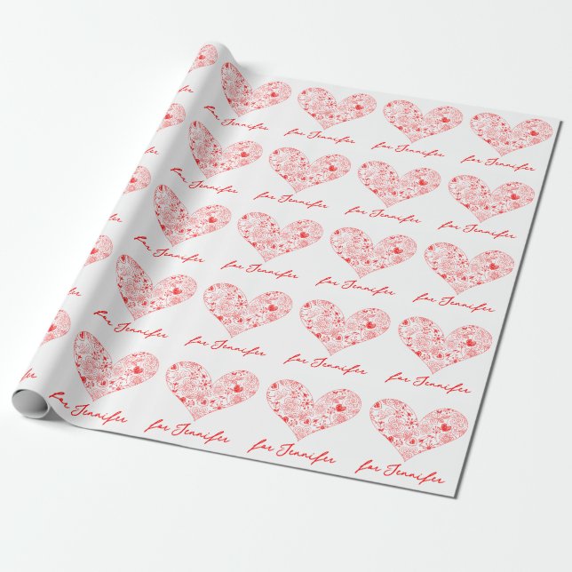 Cute Red Valentine Day Blommigt Heart Custom Name Presentpapper (Utrullad)