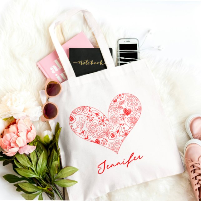 Cute Red Valentine Day Blommigt Heart Custom Name Tygkasse (Skapare uppladdad)