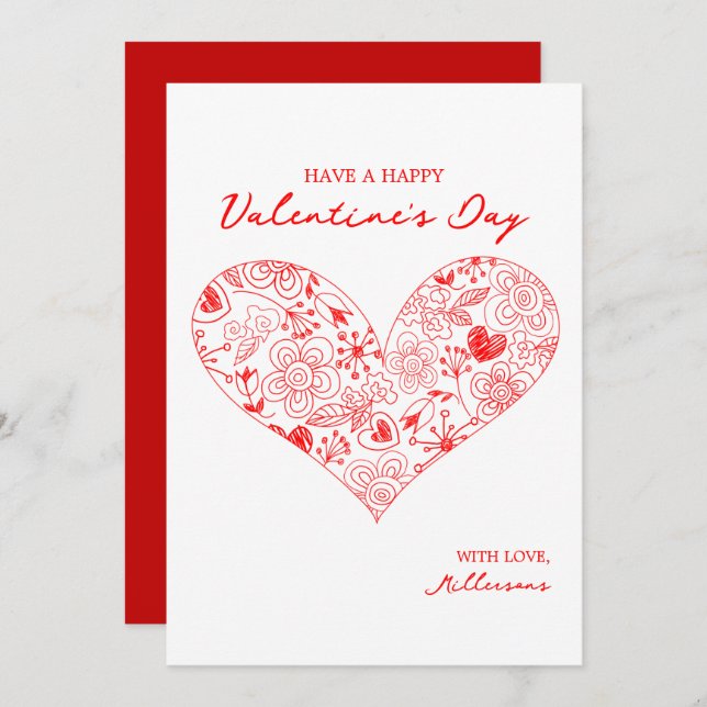 Cute Red Valentine Day Blommigt Heart Family Namn Julkort (Fram/baksida)