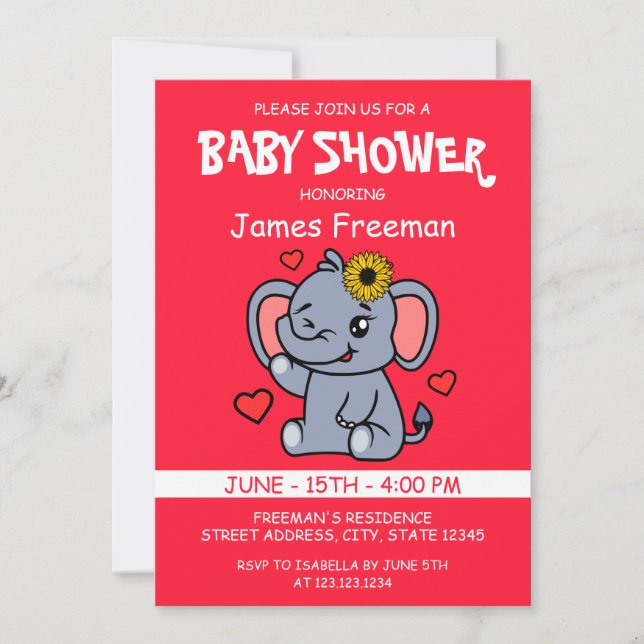 Cute Red Vector Girl Elephant Baby Shower Inbjudningar (Framsida)