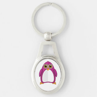 Cute Red Violet Penguin Kawaii Cartoon Big Eyes Ovalt Silverfärgad Nyckelring
