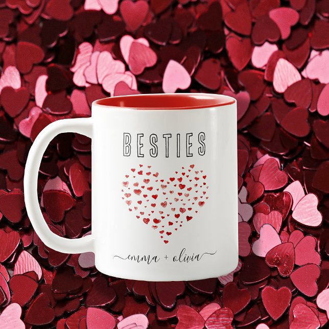 Cute Red Watercolor Hearts Besties Namn Två-Tonad Mugg (Skapare uppladdad)