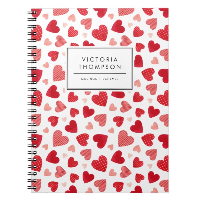Cute Red Watercolor Patchwork Hearts Pattern Anteckningsbok (Framsidan)