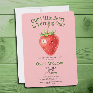 Cute Red Watercolor Strawberry First Birthday Inbjudningar