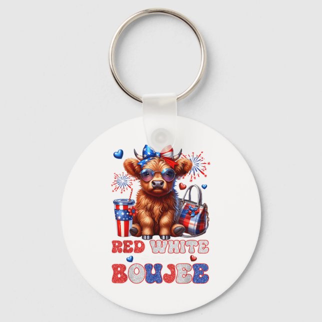 Cute Red White And Boujee Highland Cow 4th Of July Nyckelring (Framsida)