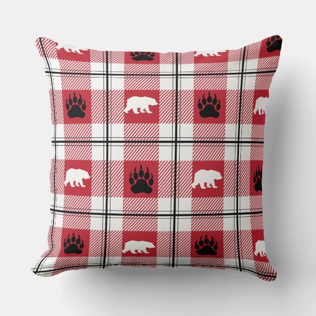 Cute Red White & Black Bear och Tass Play Mönster Kudde (Framsida)