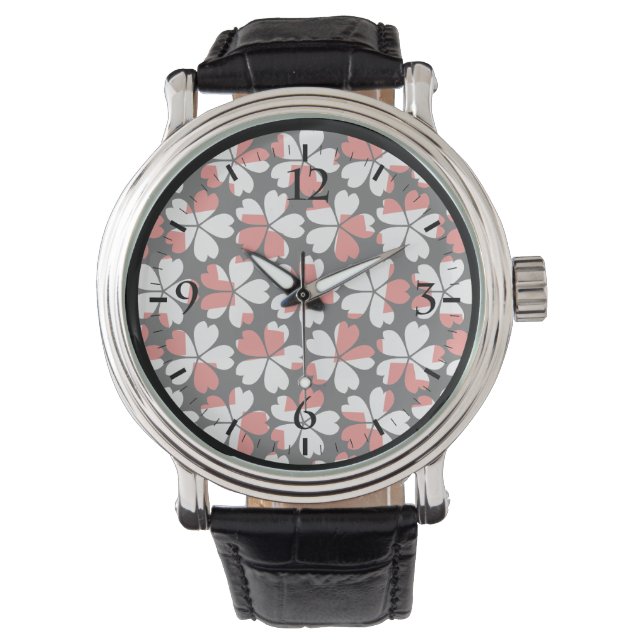 Cute Red white blommor mönster Armbandsur (Framsida)