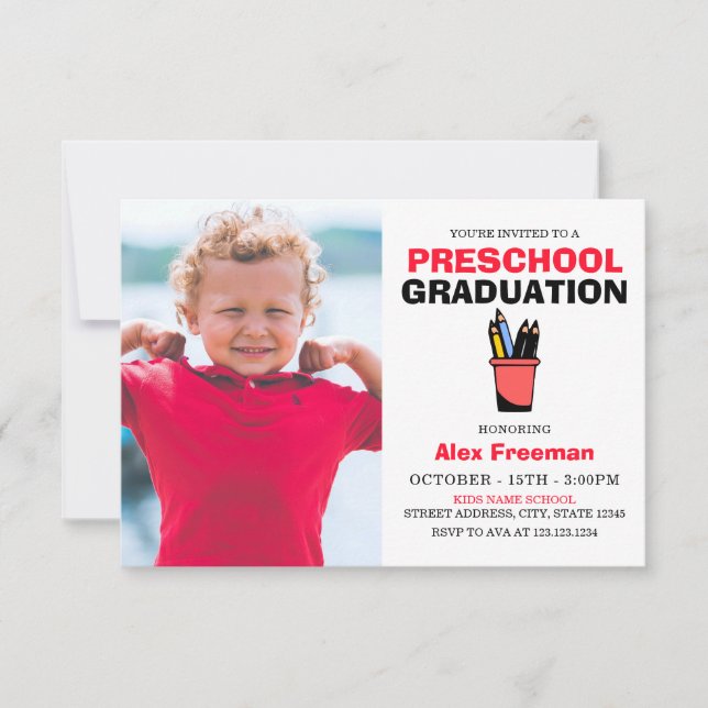 Cute Red & White Boy Photo Preschool Studenten Inbjudningar (Framsida)