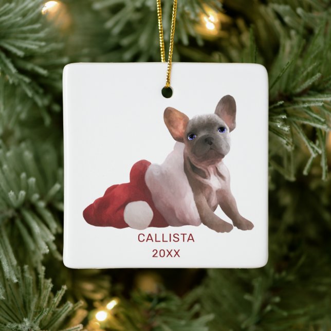 Cute Red White Fransk Bulldog Santa Hat jul Julgransprydnad Keramik (Träd)