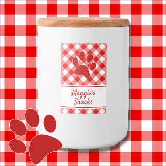 Cute Red White Gingham Checkered Pattern Paw Name Mat Etikett