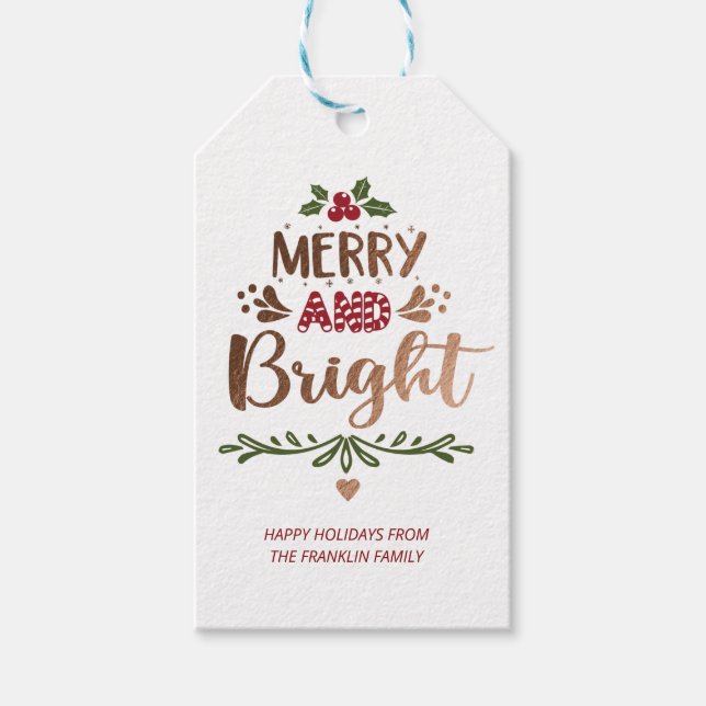 Cute Red White Guld Merry och Bright jul Presentetikett (Framsidan)