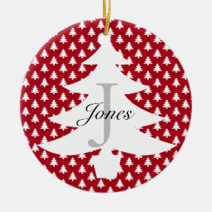 Cute Red White-julfamiljen Monogram Namn Julgransprydnad Keramik