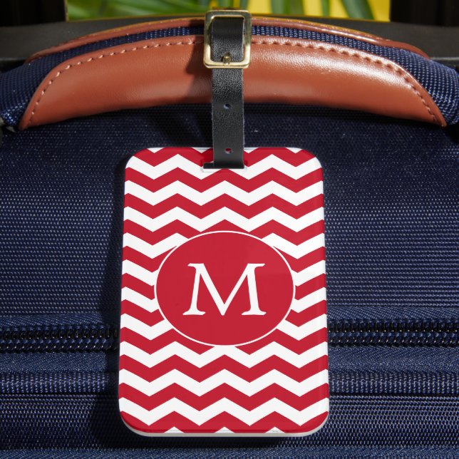 Cute Red White Monogram Chevron Rand Mönster Bagagebricka (Framsida Insitu 2)