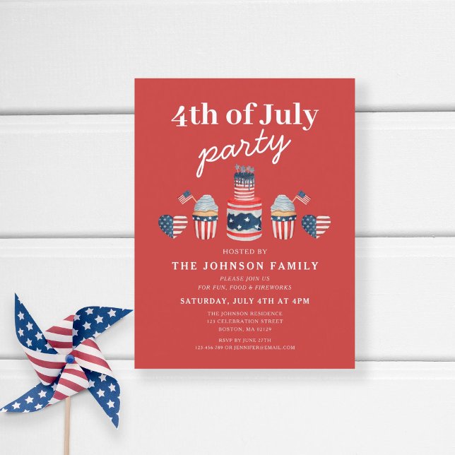 Cute Red White och Blue 4:e juli Party Inbjudan Vykort (Patriotic Red White & Blue 4th Of July Party Invitation Postcard)