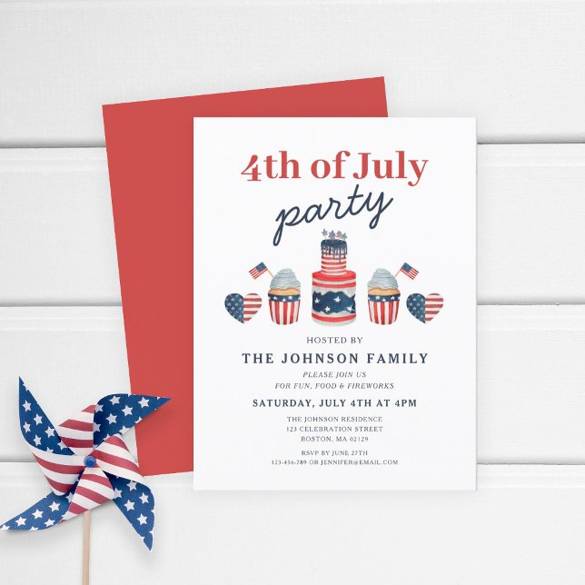Cute Red White och Blue 4:e juli Party Inbjudan Vykort (Patriotic Red White & Blue Cake 4th Of July Party Invitation Postcard)