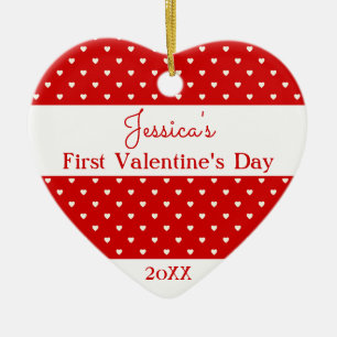 Cute Red White Polka Dot Hearts Valentine Photo Julgransprydnad Keramik