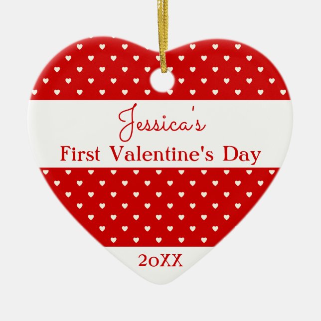 Cute Red White Polka Dot Hearts Valentine Photo Julgransprydnad Keramik (Framsidan)