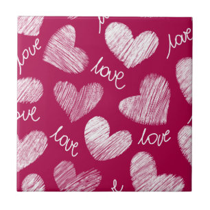 Cute Red White Scribged Hearars med Kärlek-skript Kakelplatta
