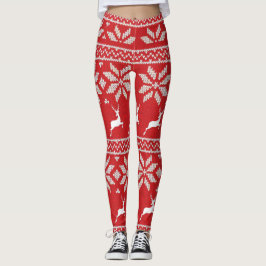 Cute Red White Snö Flake Hjort Festive Mönster Leggings