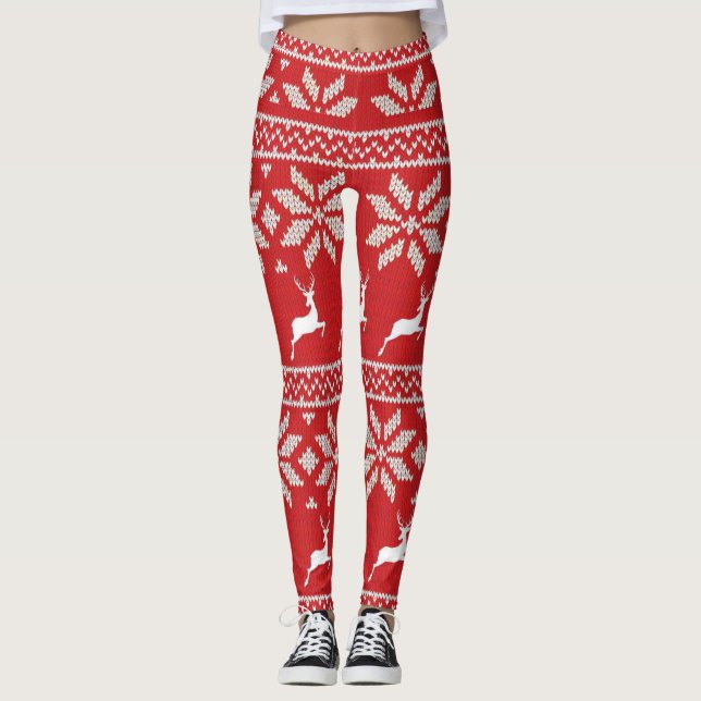 Cute Red White Snö Flake Hjort Festive Mönster Leggings (Framsida)