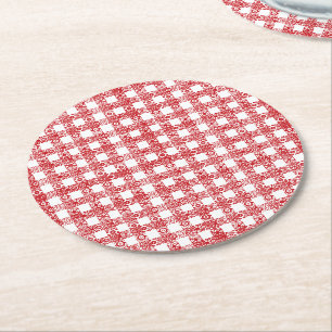 Cute Red white snöre plaid vintage farmhouse Underlägg Papper Rund