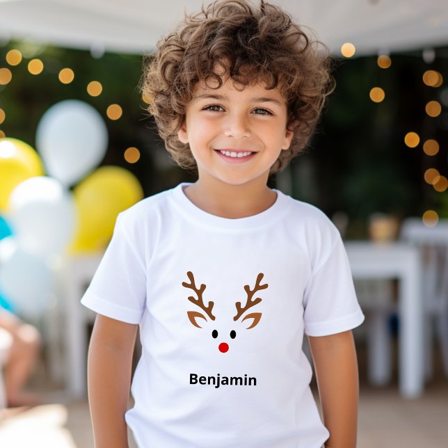 Cute Reindeer Ansikte med Red Nose Namn T Shirt (Skapare uppladdad)