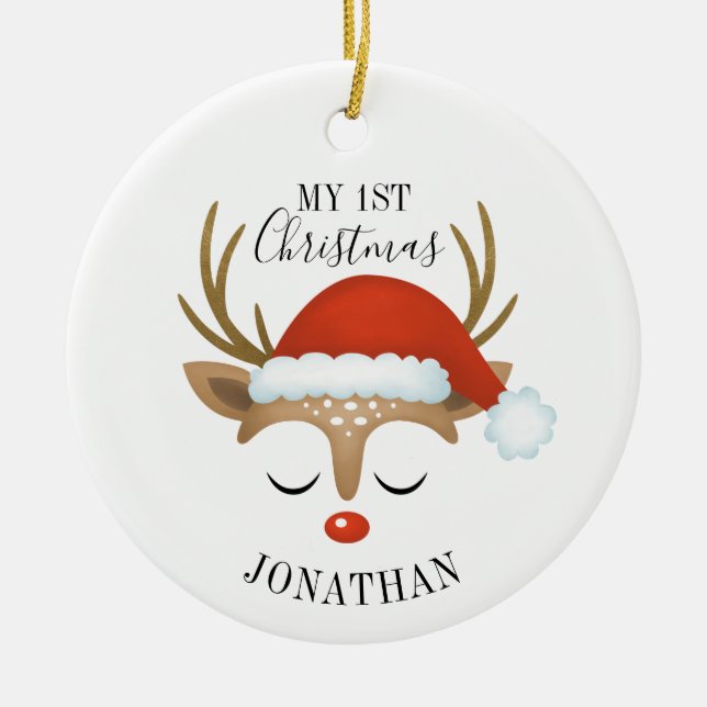 Cute Reindeer Baby 1:a julfoto Julgransprydnad Keramik (Framsidan)