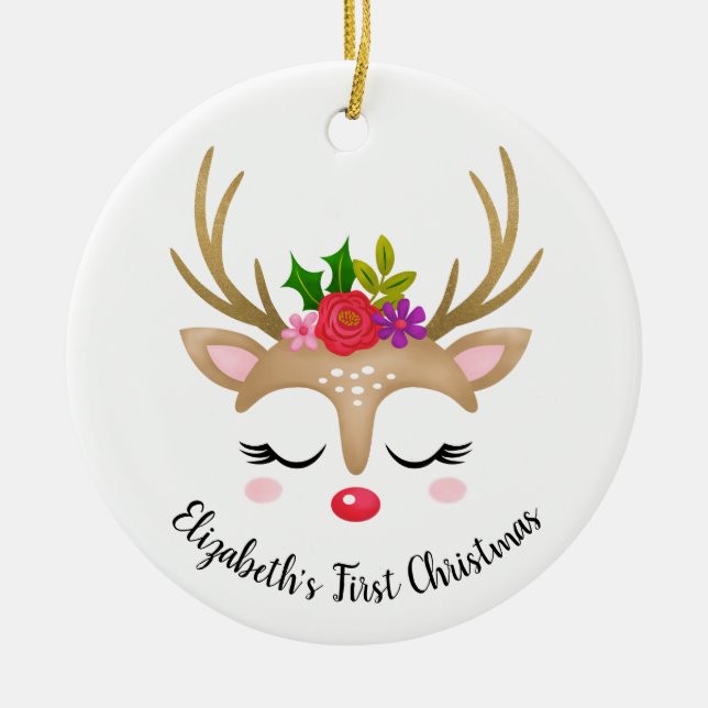 Cute Reindeer Babys första jul Julgransprydnad Keramik (Framsidan)