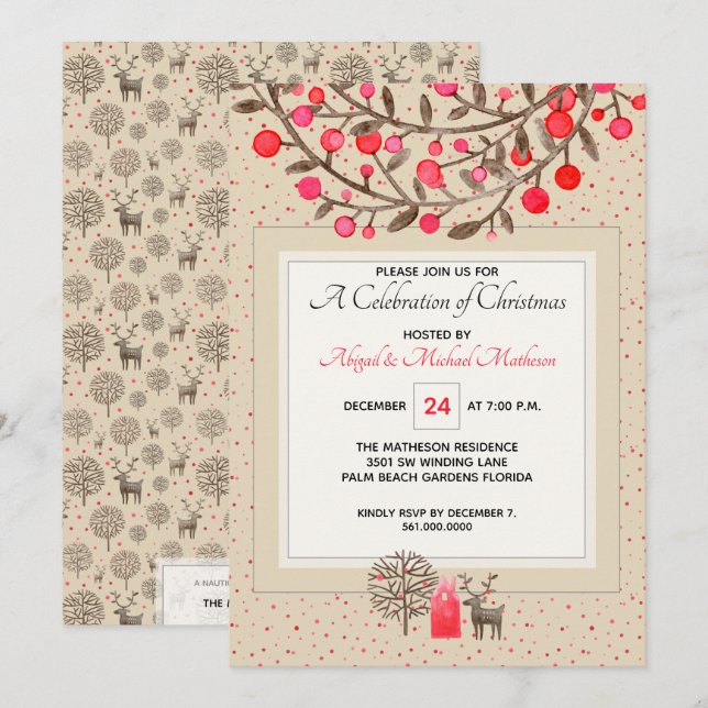 Cute #Reindeer & Berries Earth Tone / Anpassningsb Inbjudningar (Fram/baksida)