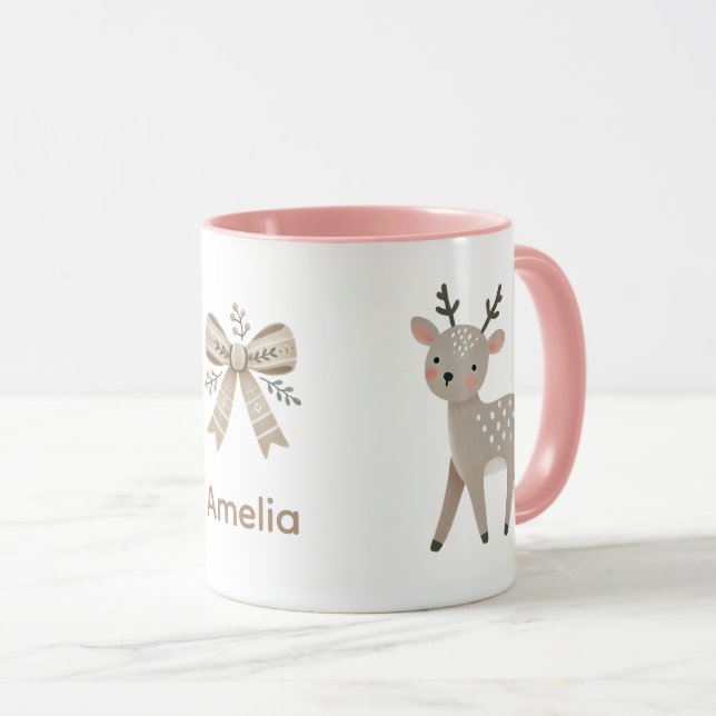 Cute Reindeer & Bow Drawing Christmas Name Mugg (Framsida höger)