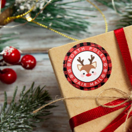 Cute Reindeer Buffalo Check North Pole Luft Mail Runt Klistermärke
