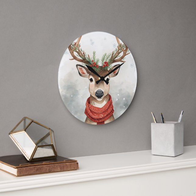 Cute Reindeer Christmas Round Wall Clock Stor Klocka (Kontor)