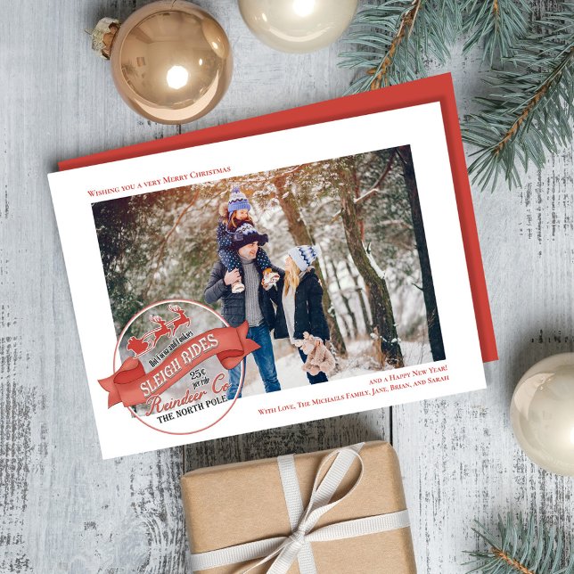 Cute Reindeer en fotojul Julkort (Whimsical Santa Sleigh rides typography sign. )