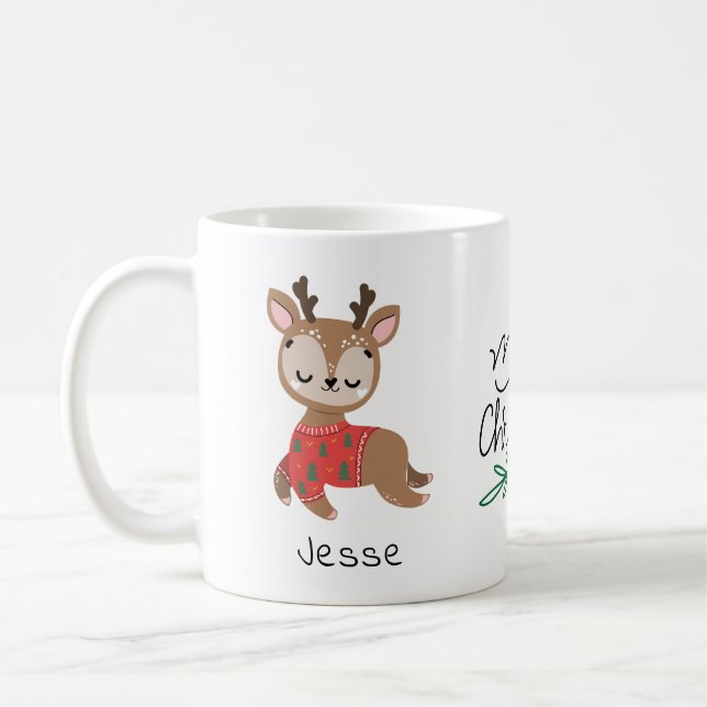 Cute Reindeer Girly Personlig Namn jul Kaffemugg (Vänster)