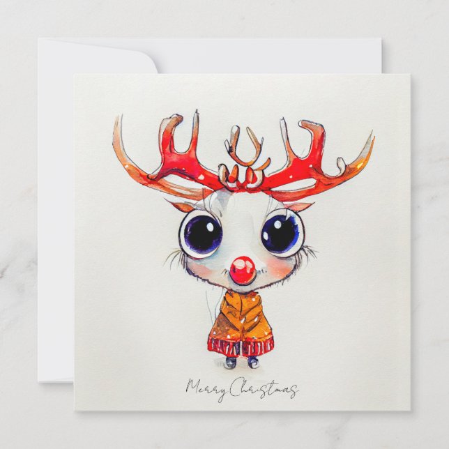 Cute Reindeer God jul Watercolor Kort (Framsida)