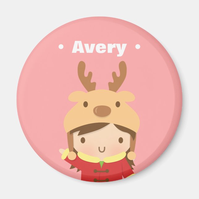 Cute Reindeer Hat Girl Kids Julfyllare Magnet (Framsidan)