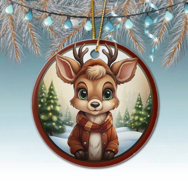 Cute Reindeer, Hjort Antlers, Woodland Animal 🦌 � Julgransprydnad Keramik (Cute Deer, Fawn, Doe Winter Christmas Trees Green Framed Xmas Holiday Snow Ornament Front/Back 🦌🎄)