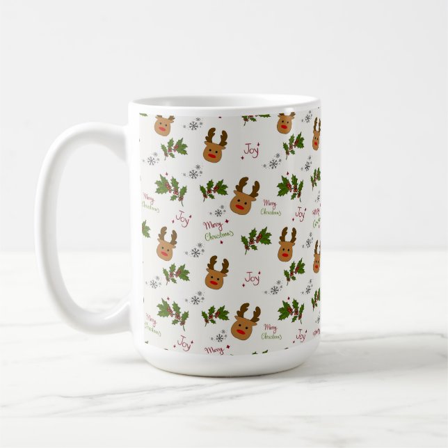 Cute Reindeer & Holly Christmas Pattern Kaffemugg (Vänster)