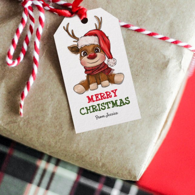 Cute Reindeer i jultomten Hat Kids jul Presentetikett (Add a touch of holiday magic to your kids' Christmas gifts with this adorable reindeer gift tag.)